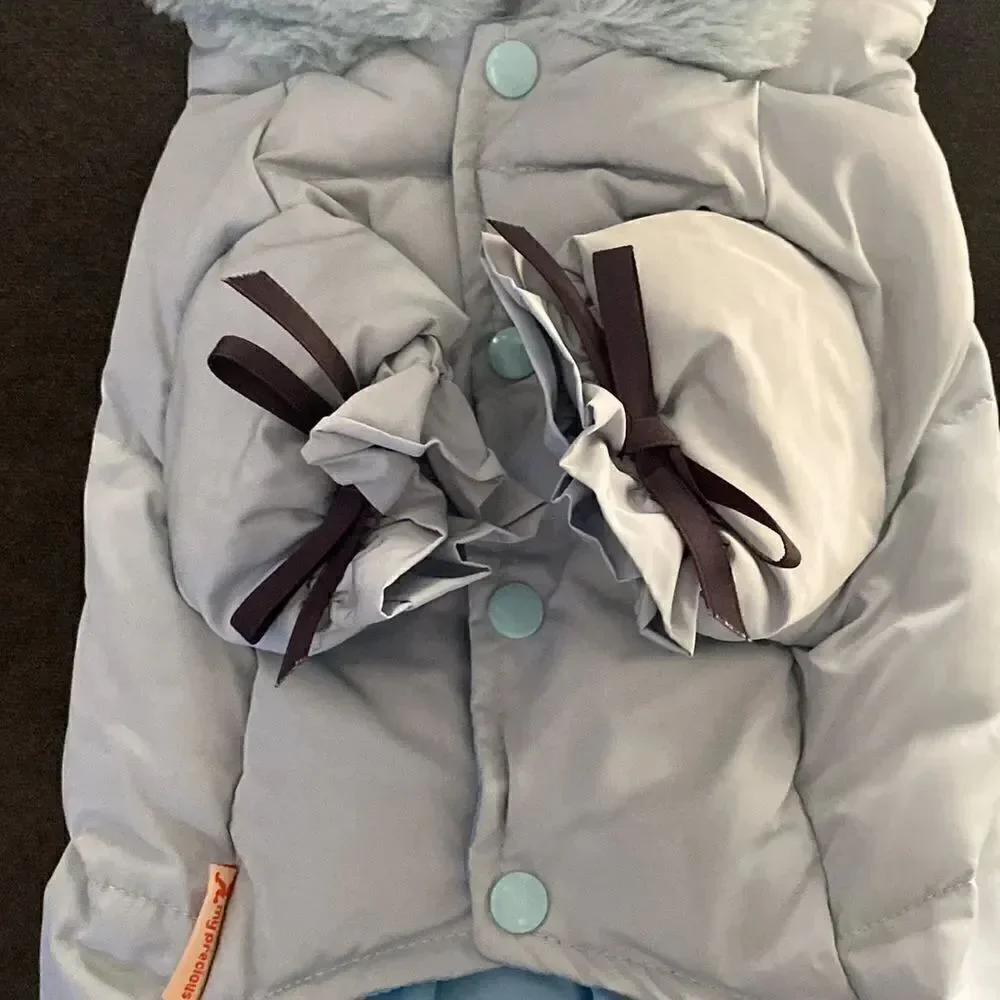 Dog Coat Puffer Jacket Blue with Cute Pom on Hood Size L NEW